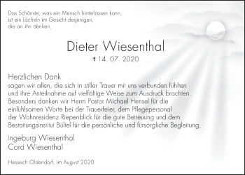 Traueranzeige von Dieter Wiesenthal von Deister- und Weserzeitung