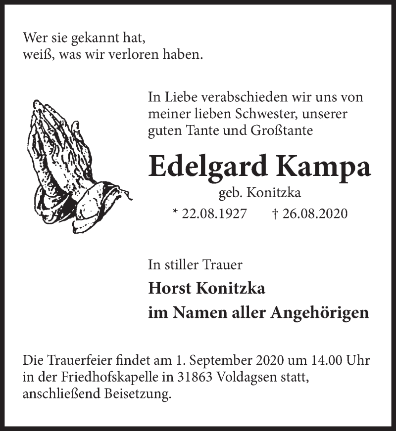  Traueranzeige für Edelgard Kampa vom 29.08.2020 aus Deister- und Weserzeitung