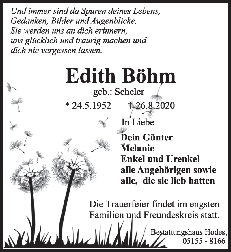  Traueranzeige für Edith Böhm vom 29.08.2020 aus Deister- und Weserzeitung