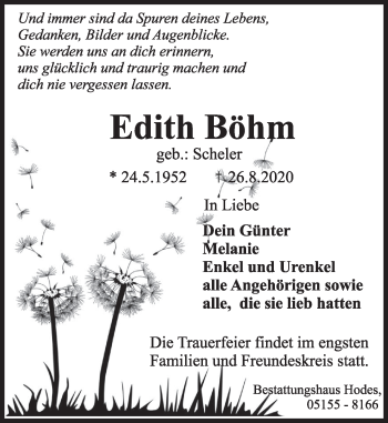 Traueranzeige von Edith Böhm von Deister- und Weserzeitung
