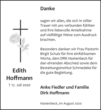 Traueranzeige von Edith Hoffmann von Deister- und Weserzeitung