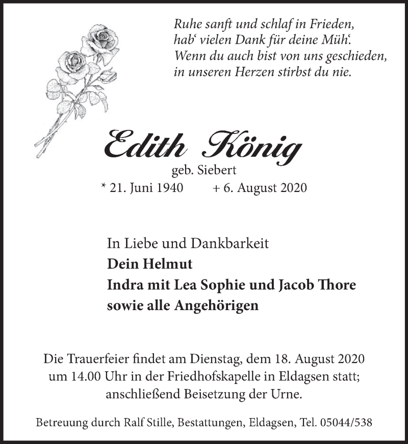  Traueranzeige für Edith König vom 13.08.2020 aus Neue Deister-Zeitung