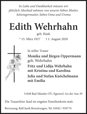 Traueranzeige von Edith Wehrhahn von Neue Deister-Zeitung