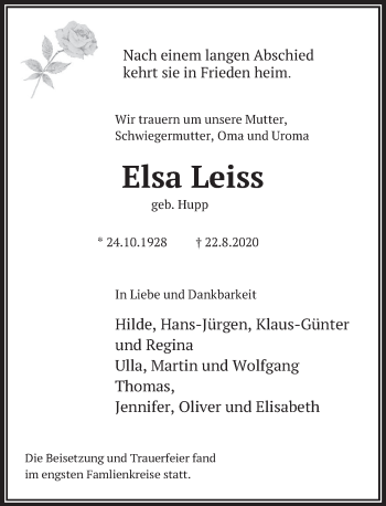 Traueranzeige von Elsa Leiss von Deister- und Weserzeitung
