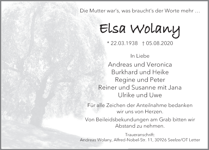  Traueranzeige für Elsa Wolany vom 15.08.2020 aus Deister- und Weserzeitung