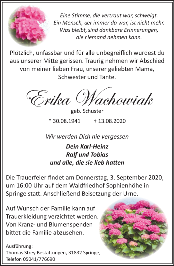 Traueranzeige von Erika Wachowiak von Neue Deister-Zeitung