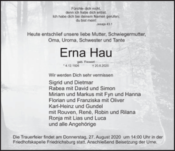 Traueranzeige von Erna Hau von Deister- und Weserzeitung