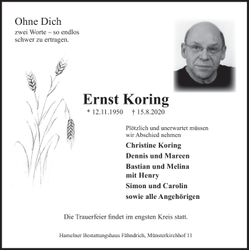 Traueranzeige von Ernst Koring von Deister- und Weserzeitung