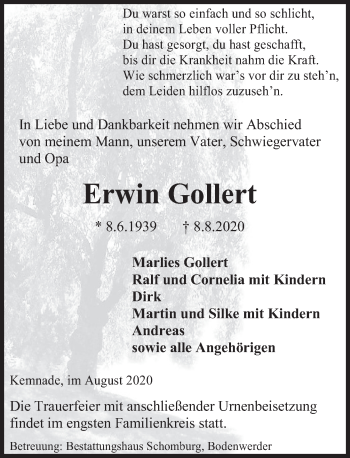 Traueranzeige von Erwin Gollert von Deister- und Weserzeitung
