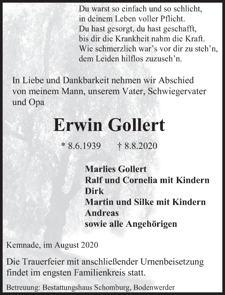  Traueranzeige für Erwin Gollert vom 15.08.2020 aus Deister- und Weserzeitung