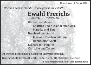 Traueranzeige von Ewald Frerichs von Deister- und Weserzeitung