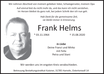 Traueranzeige von Frank Helms von Deister- und Weserzeitung