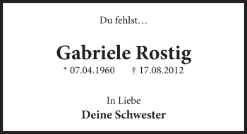 Traueranzeige von Gabriele Rostig von Deister- und Weserzeitung