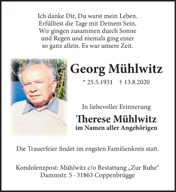 Traueranzeige von Georg Mühlwitz von Deister- und Weserzeitung