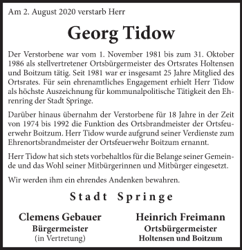 Traueranzeige von Georg Tidow von Neue Deister-Zeitung