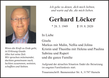 Traueranzeige von Gerhard Löcker von Deister- und Weserzeitung