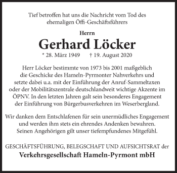 Traueranzeige von Gerhard Löcker von Deister- und Weserzeitung
