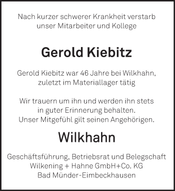 Traueranzeige von Gerold Kiebitz von Neue Deister-Zeitung