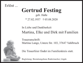 Traueranzeige von Gertrud Festing von Deister- und Weserzeitung