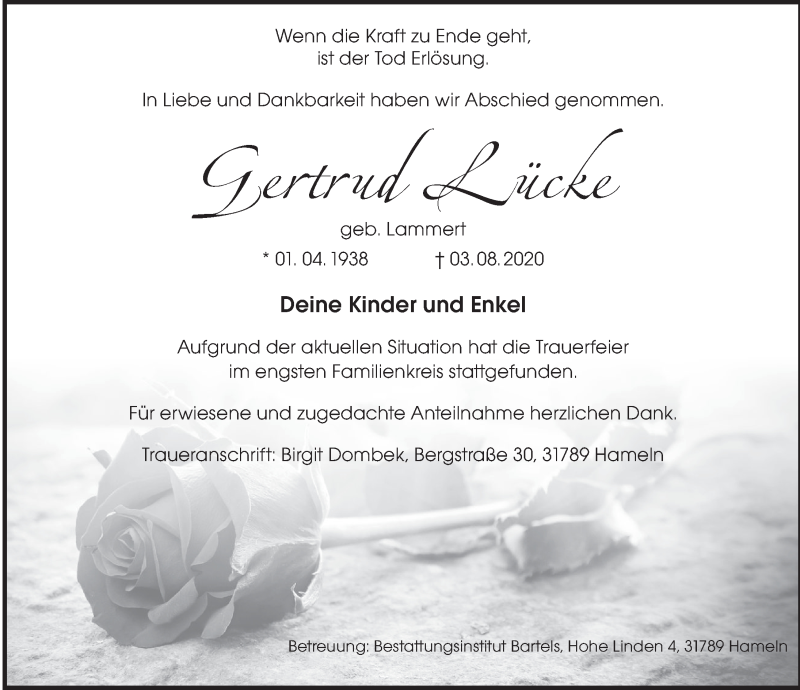  Traueranzeige für Gertrud Lücke vom 22.08.2020 aus Deister- und Weserzeitung