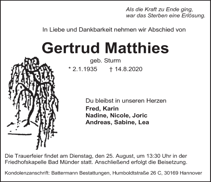  Traueranzeige für Gertrud Matthies vom 22.08.2020 aus Neue Deister-Zeitung