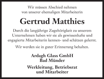 Traueranzeige von Gertrud Matthies von Neue Deister-Zeitung