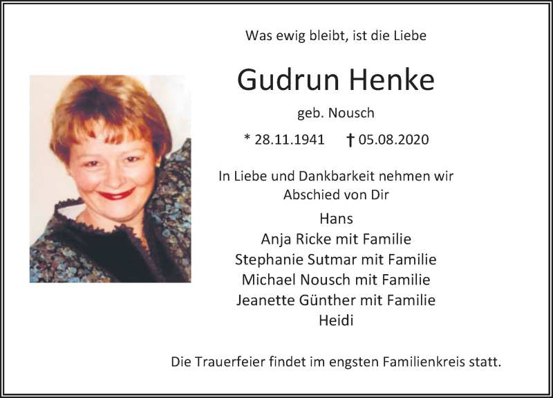  Traueranzeige für Gudrun Henke vom 15.08.2020 aus Deister- und Weserzeitung