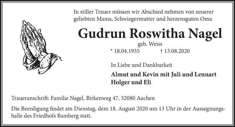  Traueranzeige für Gudrun Roswitha Nagel vom 15.08.2020 aus Deister- und Weserzeitung