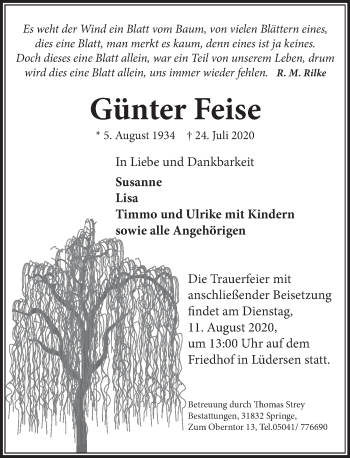 Traueranzeige von Günter Feise von Neue Deister-Zeitung