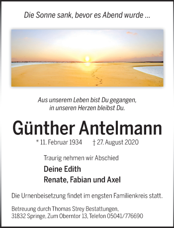 Traueranzeige von Günther Antelmann von Neue Deister-Zeitung