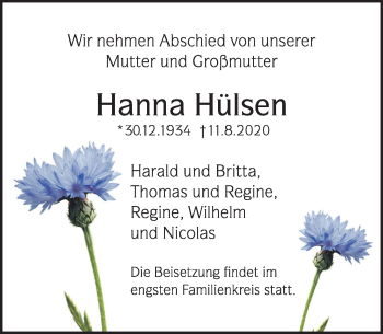 Traueranzeige von Hanna Hülsen von Deister- und Weserzeitung