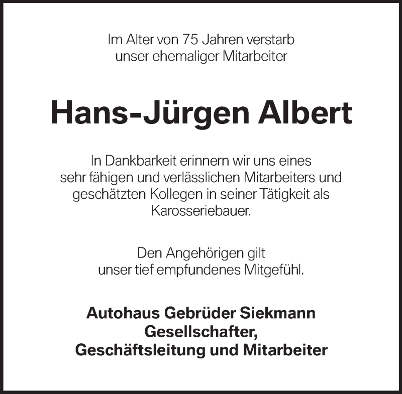  Traueranzeige für Hans-Jürgen Albert vom 22.08.2020 aus Deister- und Weserzeitung