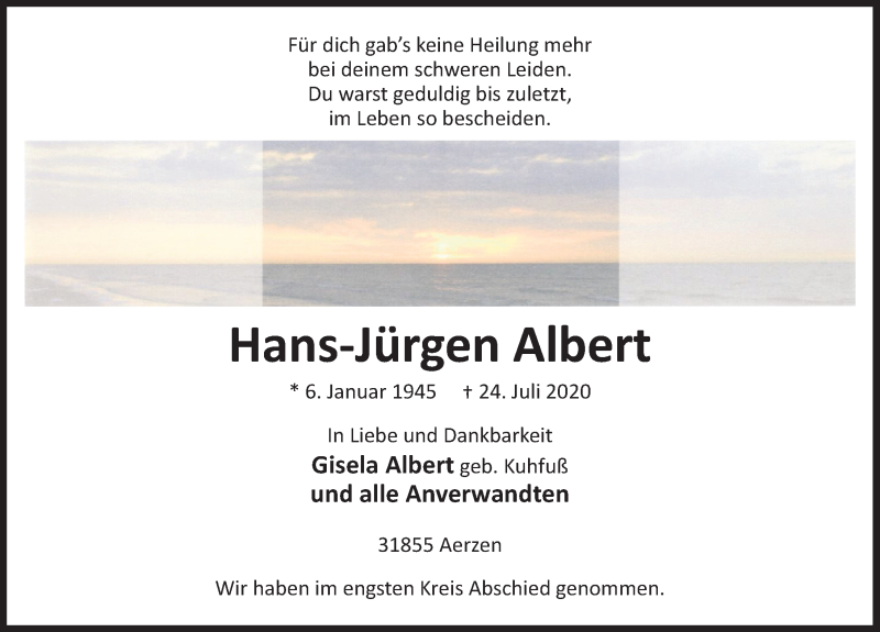  Traueranzeige für Hans-Jürgen Albert vom 08.08.2020 aus Deister- und Weserzeitung