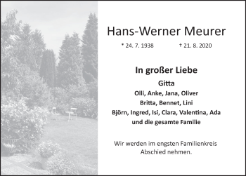 Traueranzeige von Hans-Werner Meurer von Deister- und Weserzeitung