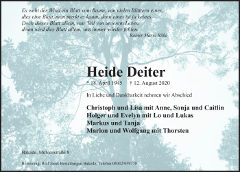 Traueranzeige von Heide Deiter von Neue Deister-Zeitung