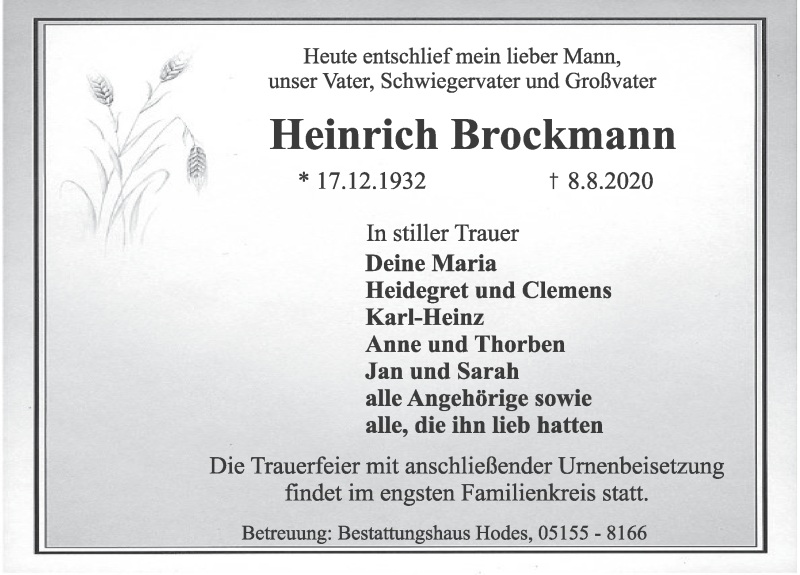  Traueranzeige für Heinrich Brockmann vom 12.08.2020 aus Deister- und Weserzeitung