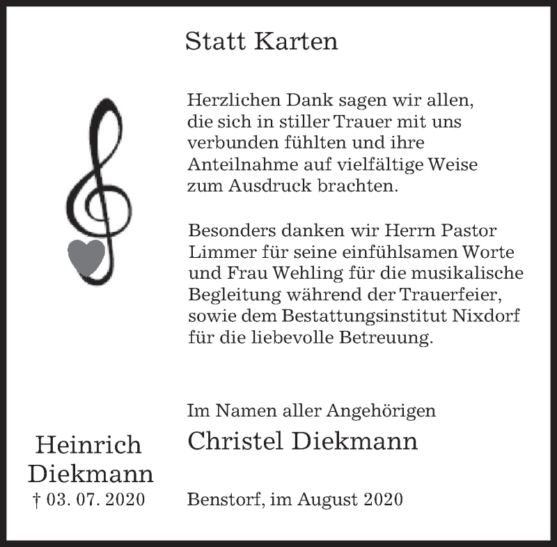  Traueranzeige für Heinrich Diekmann vom 15.08.2020 aus Deister- und Weserzeitung