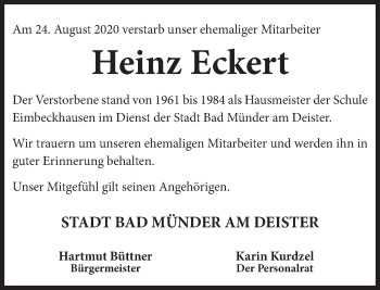 Traueranzeige von Heinz Eckert von Neue Deister-Zeitung