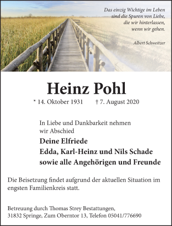 Traueranzeige von Heinz Pohl von Neue Deister-Zeitung