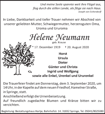 Traueranzeige von Helene Neumann von Neue Deister-Zeitung