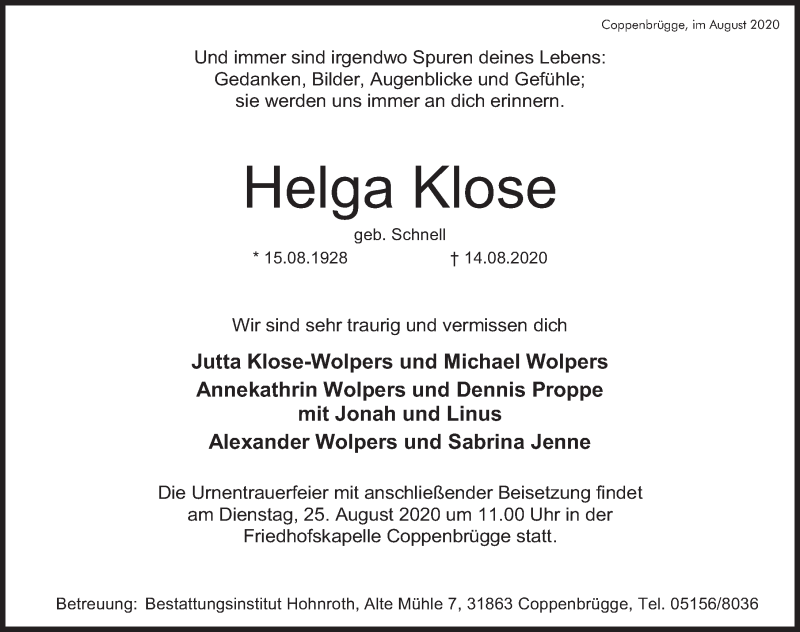  Traueranzeige für Helga Klose vom 22.08.2020 aus Deister- und Weserzeitung