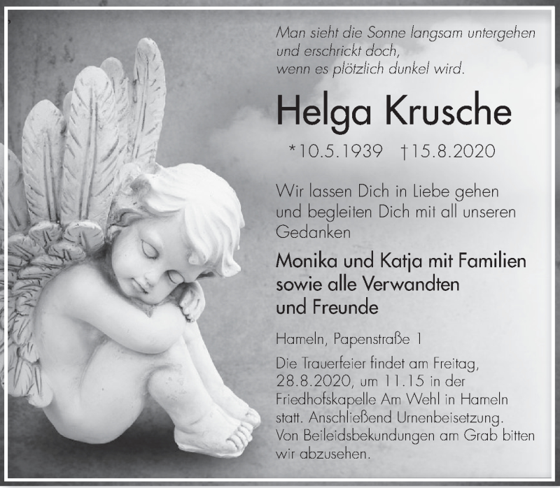  Traueranzeige für Helga Krusche vom 22.08.2020 aus Deister- und Weserzeitung