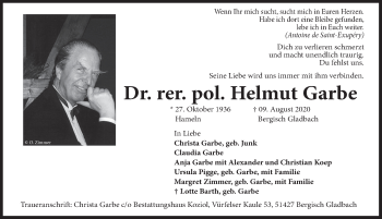 Traueranzeige von Helmut Garbe von Deister- und Weserzeitung