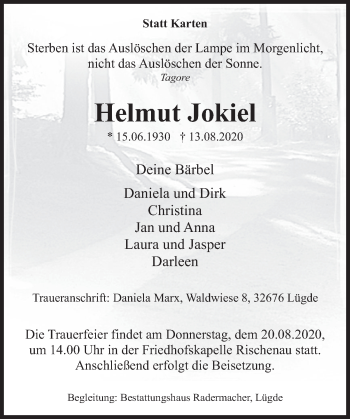 Traueranzeige von Helmut Jokiel von Deister- und Weserzeitung