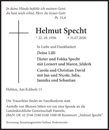 Traueranzeige von Helmut Specht von Deister- und Weserzeitung