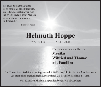 Traueranzeige von Helmuth Hoppe von Deister- und Weserzeitung