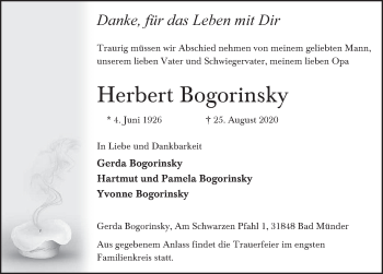 Traueranzeige von Herbert Bogorinsky von Neue Deister-Zeitung