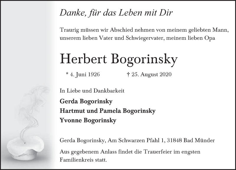  Traueranzeige für Herbert Bogorinsky vom 29.08.2020 aus Neue Deister-Zeitung