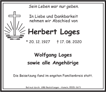 Traueranzeige von Herbert Loges von Deister- und Weserzeitung