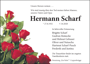 Traueranzeige von Hermann Scharf von Deister- und Weserzeitung